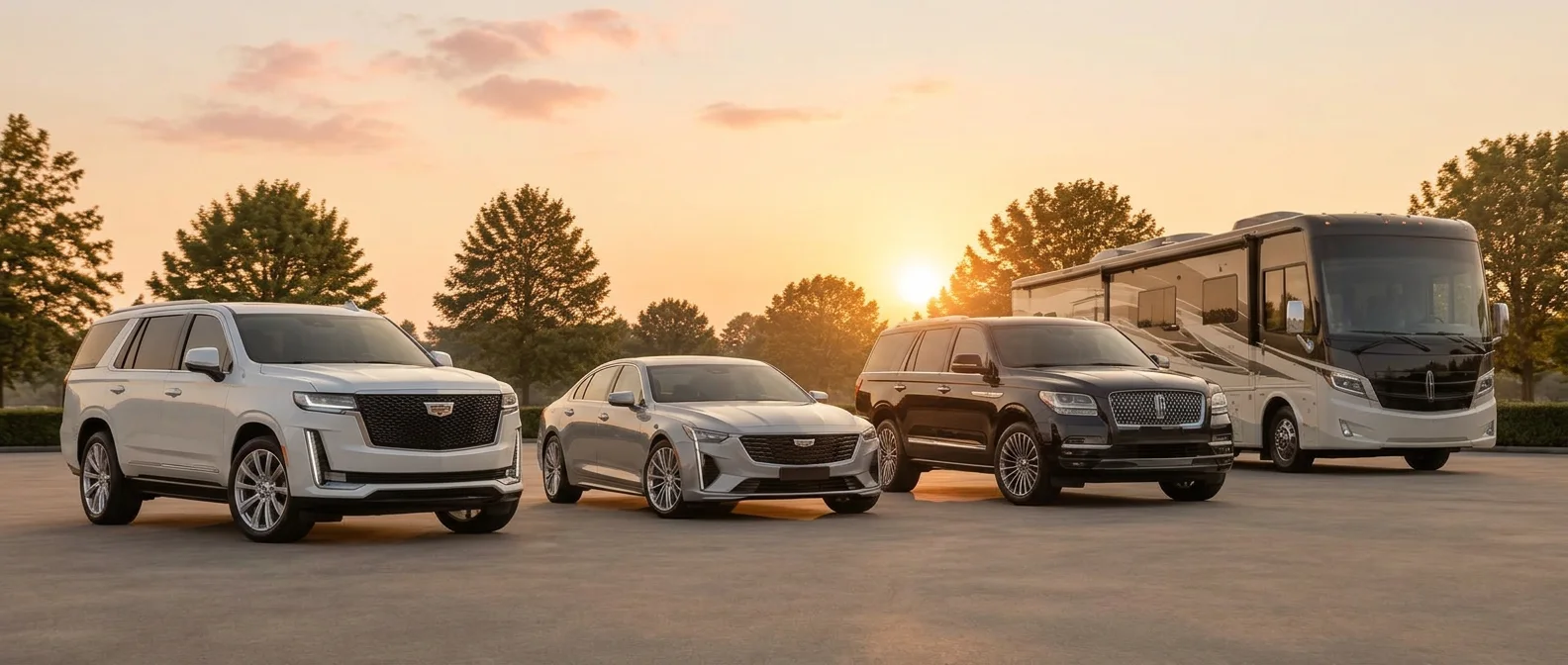 American cars and a motorhome at golden-hour sunset