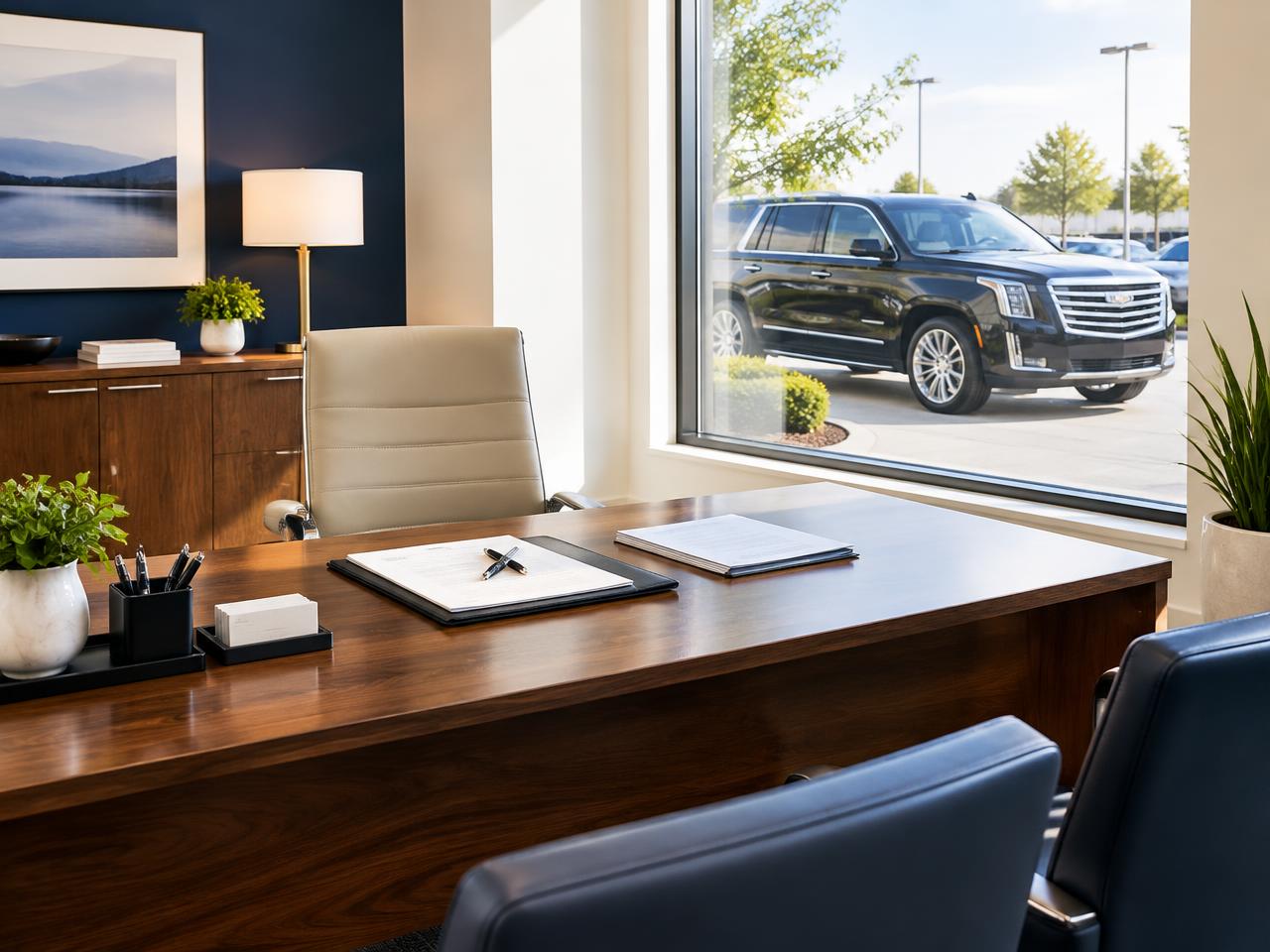Dealership office desk with transaction documents and an SUV outside the window