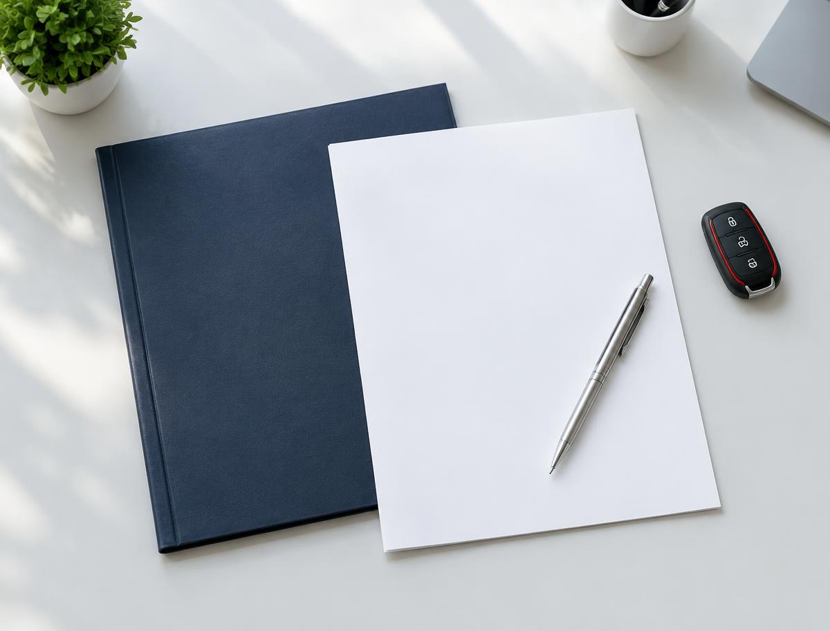 Transaction folder, documents, pen and vehicle key on a tidy desk
